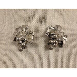 Vintage Heavy Sterling Silver Taxco Grapevine Clip-On Earrings Signed 22 Grams
